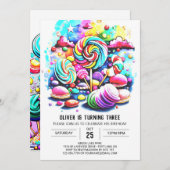 パステルコットンキャンディ誕生日 招待状 (正面/裏面)