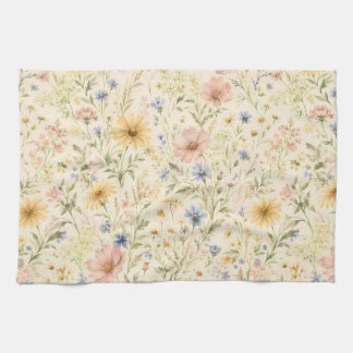 パステルコテージの野の花の水彩画 キッチンタオル