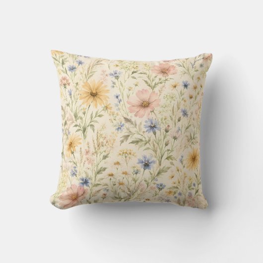 パステルコテージの野の花の水彩画 クッション (正面)