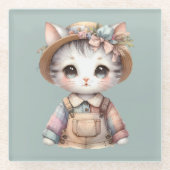 パステルコテージコアキャットインオーバーオール&ストローハット ガラスコースター (正面)