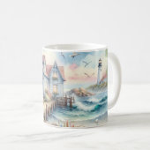 パステルコースタルコテージ&ライトハウスシーン コーヒーマグカップ (正面右)
