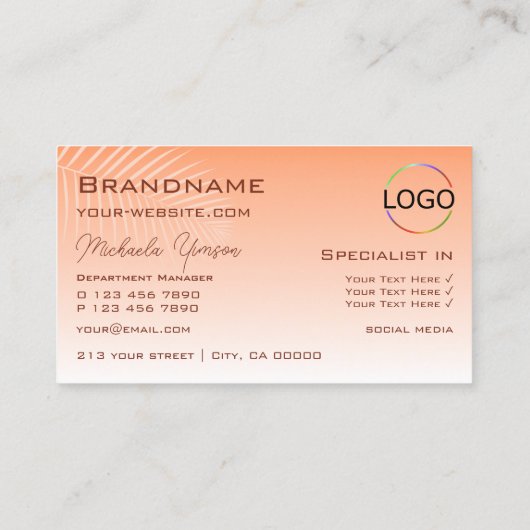 パステルコーラルグラディエントパームリーフモノグラムとロゴ 名刺 (裏面)