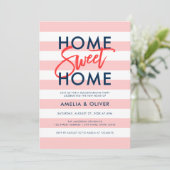 パステルコーラルピンクストライプク引っ越し祝いパーティーブルーパーティー 招待状 (スタンド正面)