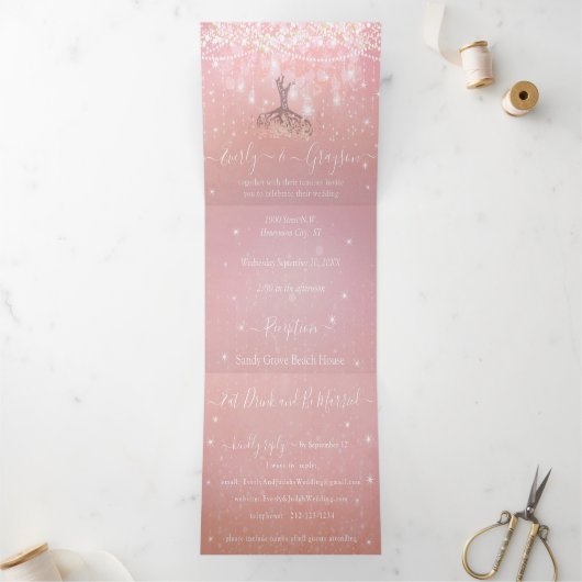 パステルコーラルピンクパープルハートリーフツリー結婚ズ 三つ折り招待状 (内部)