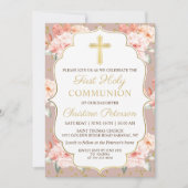 パステルコーラルフローラ金ゴールドクロスカストファースト 招待状 (正面)