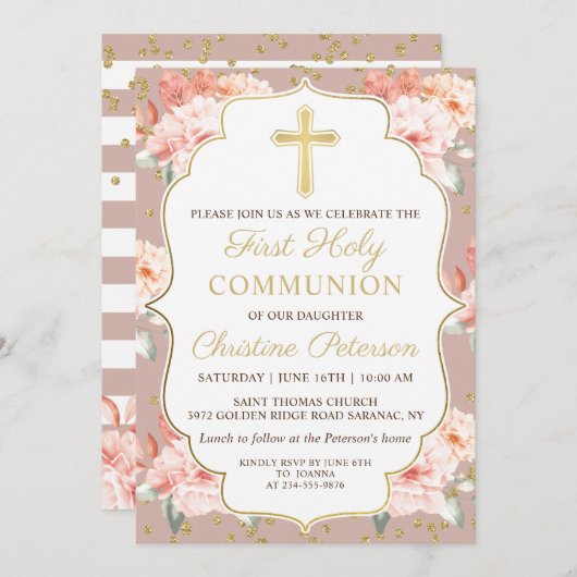 パステルコーラルフローラ金ゴールドクロスカストファースト 招待状 (正面/裏面)