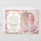パステルコーラルフローラ金ゴールドクロスガールバプティスフォト 招待状 (正面)