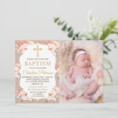 パステルコーラルフローラ金ゴールドクロスガールバプティスフォト 招待状 (スタンド正面)