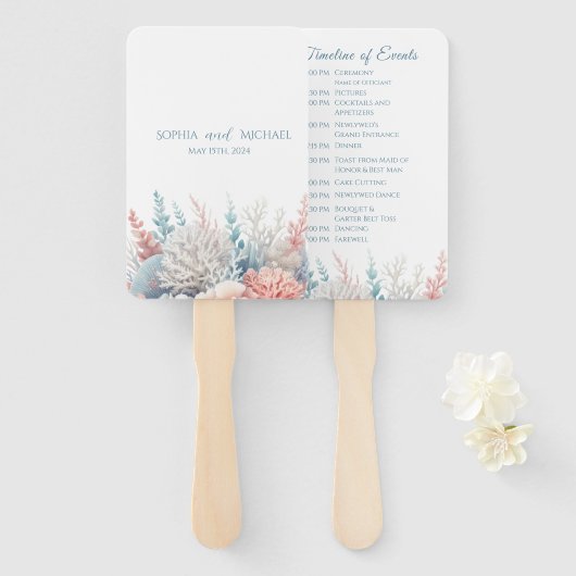 パステルコーラルリーフビーチ結婚式プログラム ハンドファン (正面&裏面)