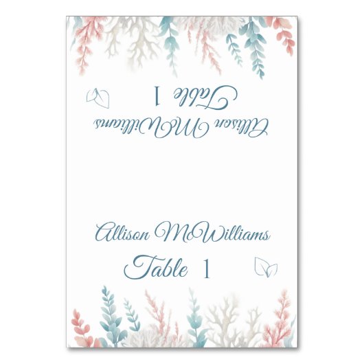 パステルコーラルリーフ – ビーチ結婚式-ベジタリアンアイコン テーブルナンバー (正面)