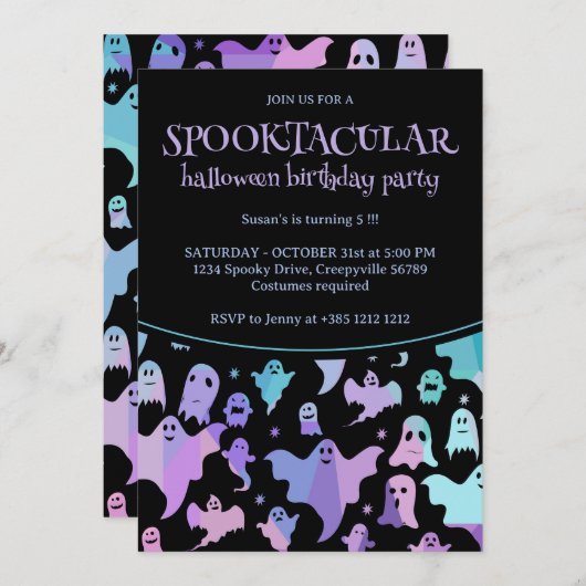 パステルゴシック幽霊ハロウィンバースデーパーティー 招待状 (正面/裏面)