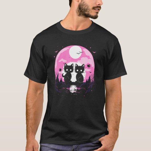 パステルゴス可愛い猫Tシャツ 宇宙人と月 Tシャツ (正面)