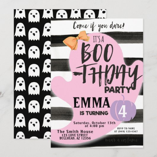 パステルゴースト ハロウィン ブースデー パーティー 誕生日 招待状 (正面/裏面)