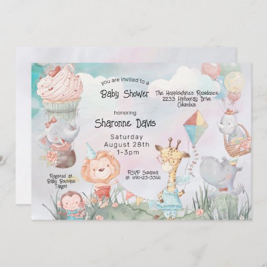 パステルサファリ動物パーソナライズされたベビーシャワー 招待状 (正面/裏面)