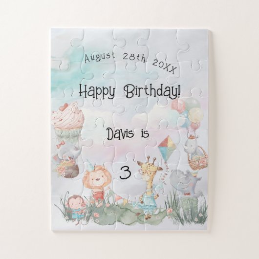 パステルサファリ動物パーソナライズされた誕生日パーティー ジグソーパズル (縦)