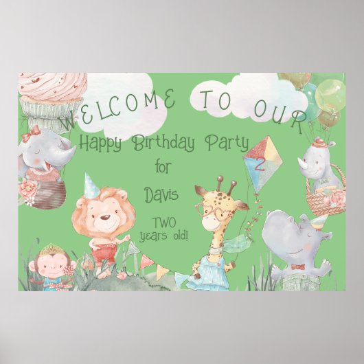 パステルサファリ動物パーソナライズされた誕生日パーティー ポスター (正面)