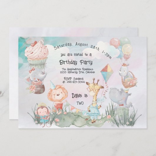 パステルサファリ動物パーソナライズされた誕生日パーティー 招待状 (正面/裏面)