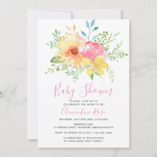 パステルサマーピンクイエローフローラベビーシャワー 招待状 (正面)