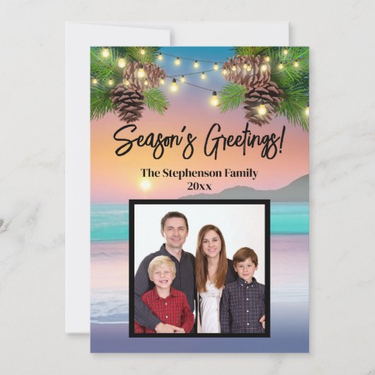 パステルサンセットビーチ海テーマフォトクリスマス シーズンカード (正面)