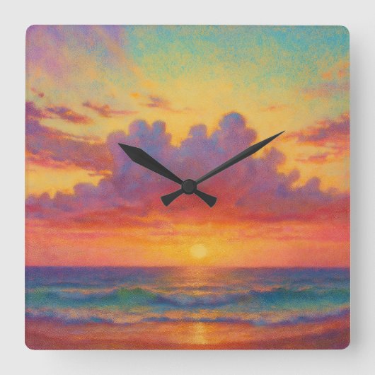 パステルサンセットビーチ - 画家風の海の風景 スクエア壁時計 (正面)