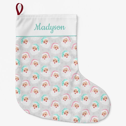 パステルサンタクロース顔ヴィンテージクリスマス ラージクリスマスストッキング (正面)