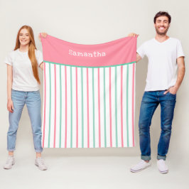 パステルサーモンピンクティール（緑がかった色）グリーンストライプ名 フリースブランケット