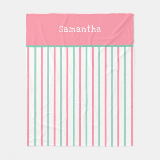 パステルサーモンピンクティール(緑がかった色)グリーンストライプ名 フリースブランケット (正面)