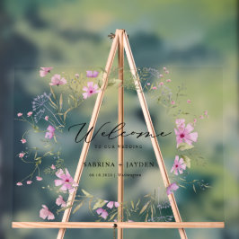 パステルシェードピンクワイルドフローラ結婚ズウェルカム アクリルサイン