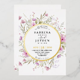 パステルシェード赤面ピンクワイルドフローラ結婚ズ金ゴールド 箔招待状