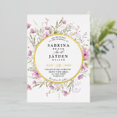 パステルシェード赤面ピンクワイルドフローラ結婚ズ金ゴールド 箔招待状 (立ち正面)