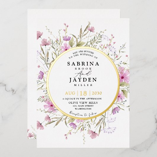 パステルシェード赤面ピンクワイルドフローラ結婚ズ金ゴールド 箔招待状 (正面/裏面)