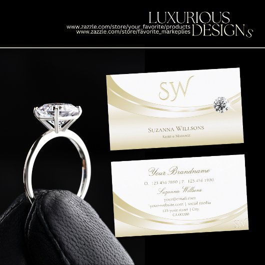 パステルシルク金ゴールドホワイトとモノグラムとダイヤモンド 名刺