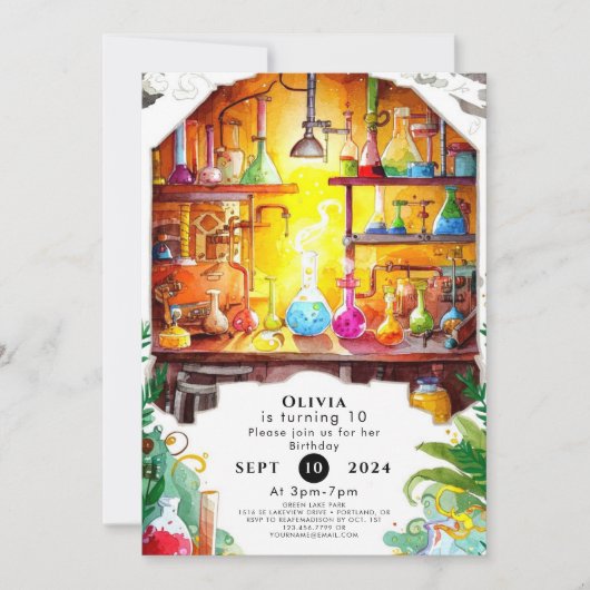 パステルシンプルおもしろいサイエンティスト誕生日 招待状 (正面)