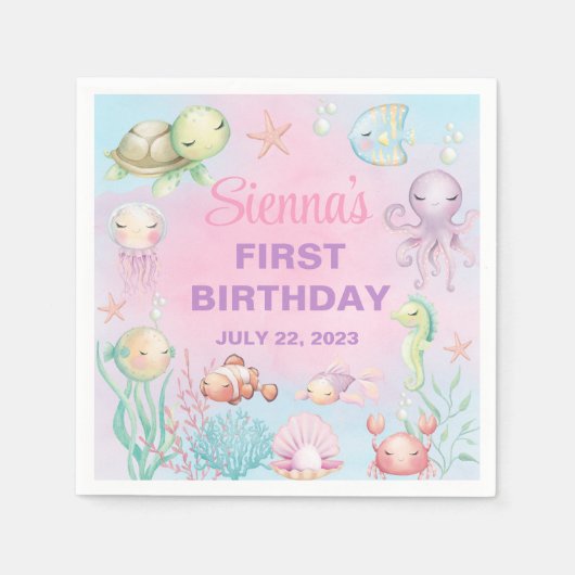 パステルシーライフ女の子の誕生日紙ナプキン。 スタンダードカクテルナプキン (正面)