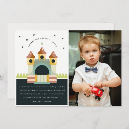 パステルジャンピングキャッスルジャンプ写真子供の誕生日 サンキューカード (正面/裏面)