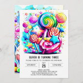 パステルスウィート棒つきキャンデー誕生日 招待状 (正面/裏面)