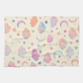 パステルスカイ夢 – 月、星、雲のパターン キッチンタオル (横)