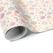 パステルスカイ夢 – 月、星、雲のパターン ラッピングペーパー (ロールコーナー)