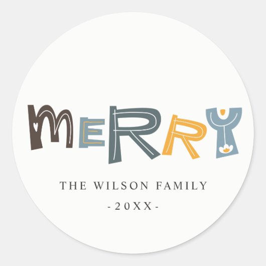 パステルスカンジイエローグレー文字メリークリスマス ラウンドシール (正面)