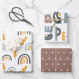 パステルスカンジレインボーツリー文字ピースクリスマス ラッピングペーパーシート