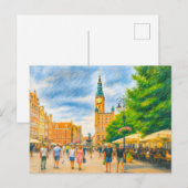 パステルスケッチの教会とダンツィヒのロングマーケット シーズンポストカード (正面/裏面)