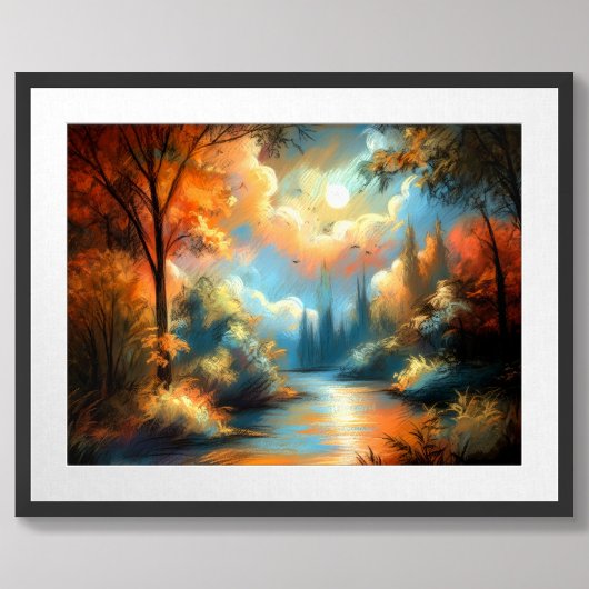 パステルスケッチカラフルランドスケープリバーツリーズスカイ ポスター