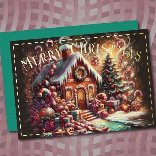 パステルスケッチクリスマスホリデージンジャーブレッドハウス 箔シーズンカード