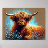 パステルスケッチハイランドカウブルーフラワーズ ポスター (正面)