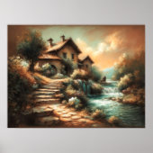 パステルスケッチヴィンテージスタイルランドスケープウォーターハウス ポスター (正面)