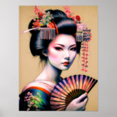 パステルスケッチ芸者着物ファン ポスター (正面)