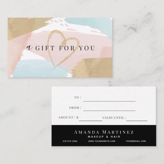 パステルスタイリッシュウォーターカラー&金ゴールドギフト証明書 名刺 (正面/裏面)