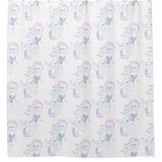 パステルスタイリッシュピンクホワイトマーメイドパターンバスルーム シャワーカーテン (正面)