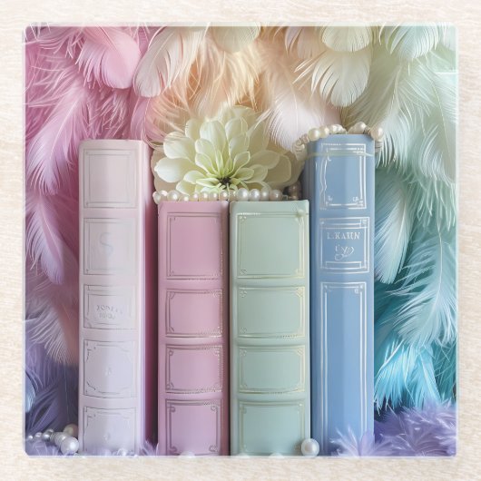 パステルスタック本の花の羽 ガラスコースター (正面)