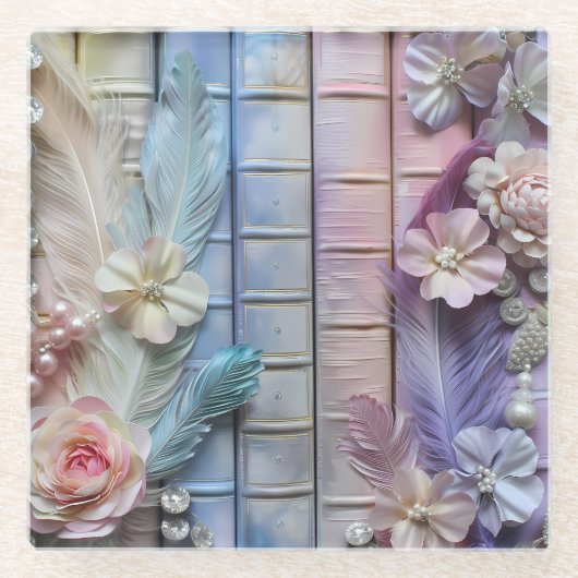 パステルスタック本の花の羽 ガラスコースター (正面)